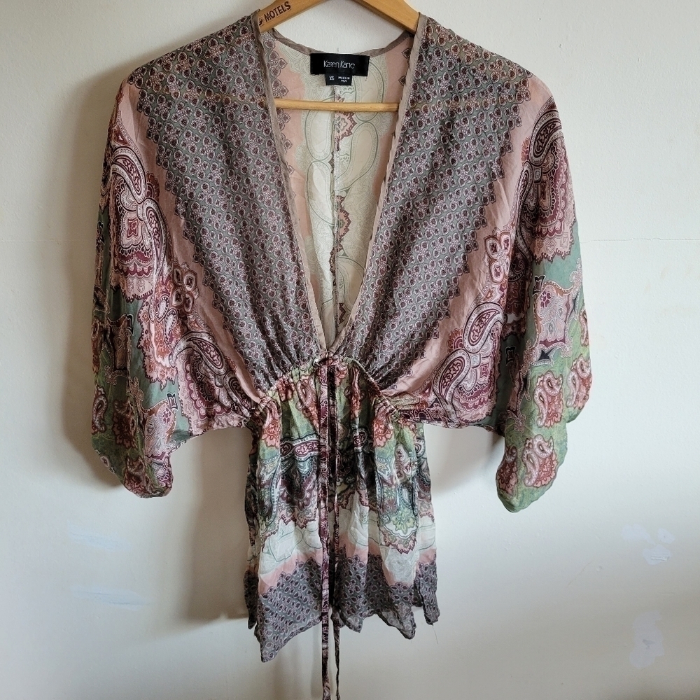 Karen Kane 100% Silk Sheer Balloon Short Sleeve Blouse Extra Small XS